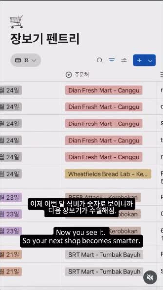 Yena's grocery spending tracker demonstrated in Notion, with English subtitles